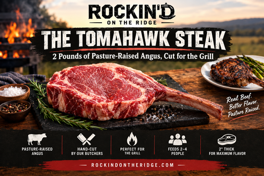 Tomahawk steak poster featuring pasture-raised Angus, grilled steak, and Rockin’ Don the Ridge branding.